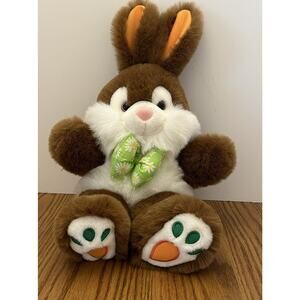 Kids of America Bunny Plush Rabbit Stuffed Toy Brown Carrot Paws Green Bow 14”